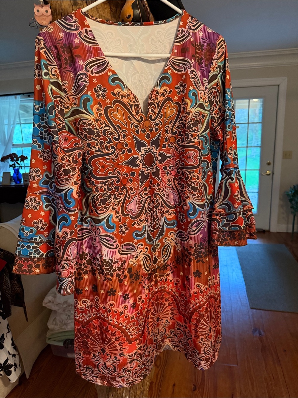 Amazon Women's Long Sleeve Paisley Medallion Tunic Dress - Orange, Pink, Blue
